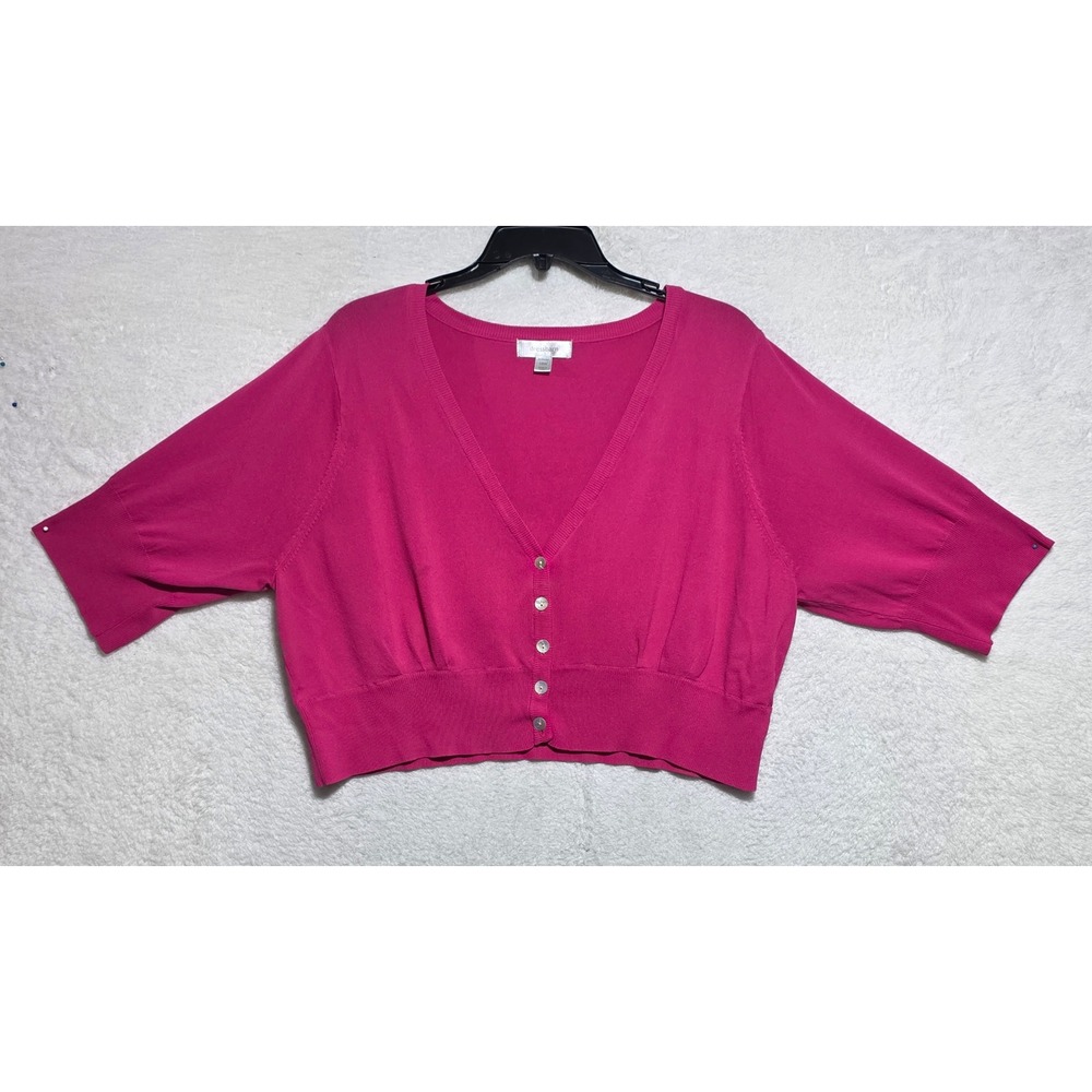 Dress Barn Pink Short Sleeve Cropped V-Neck Cardigan Sweater Button Front Sz 18W